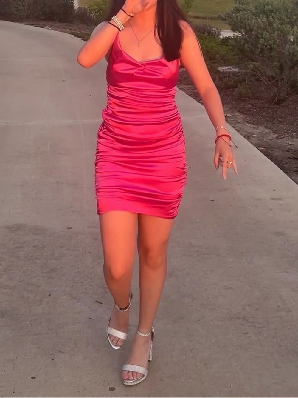 Satin Ruched Hot Pink Slip Dress